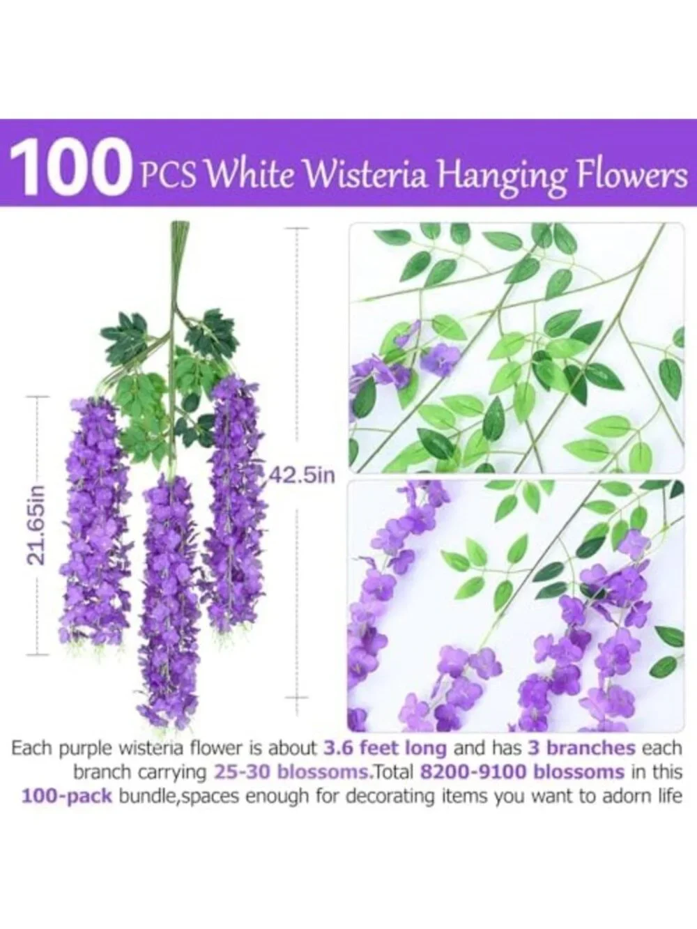 100 Pack Purple Wisteria Garland - Fake Hanging Flowers for Home Decor (3.6 Ft)